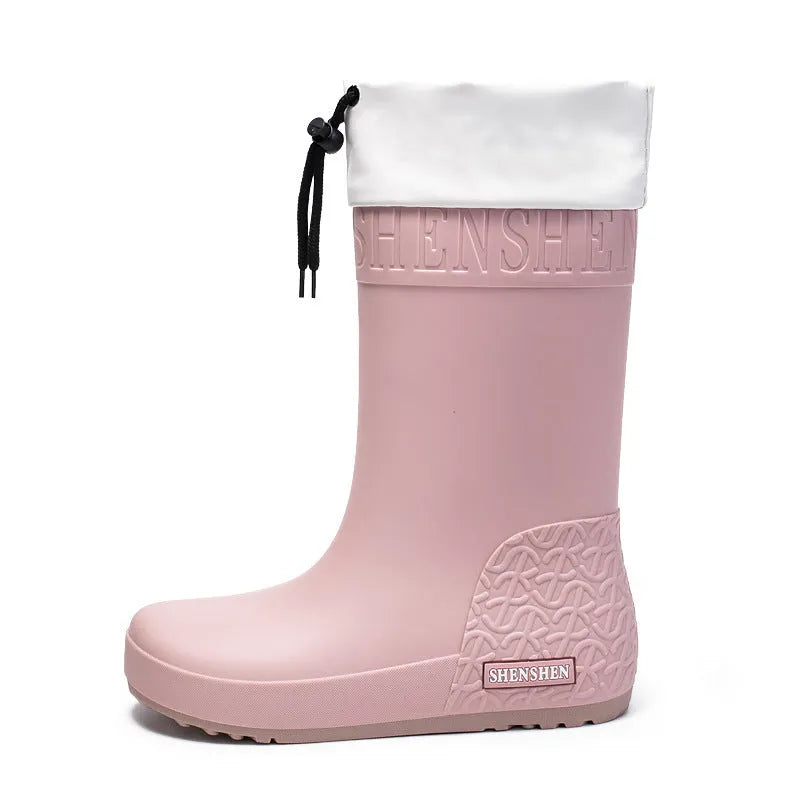 Women's solid colour PVC rain boots with non-slip soles in apricot, black, brown, and pink waterproof mouth designs
