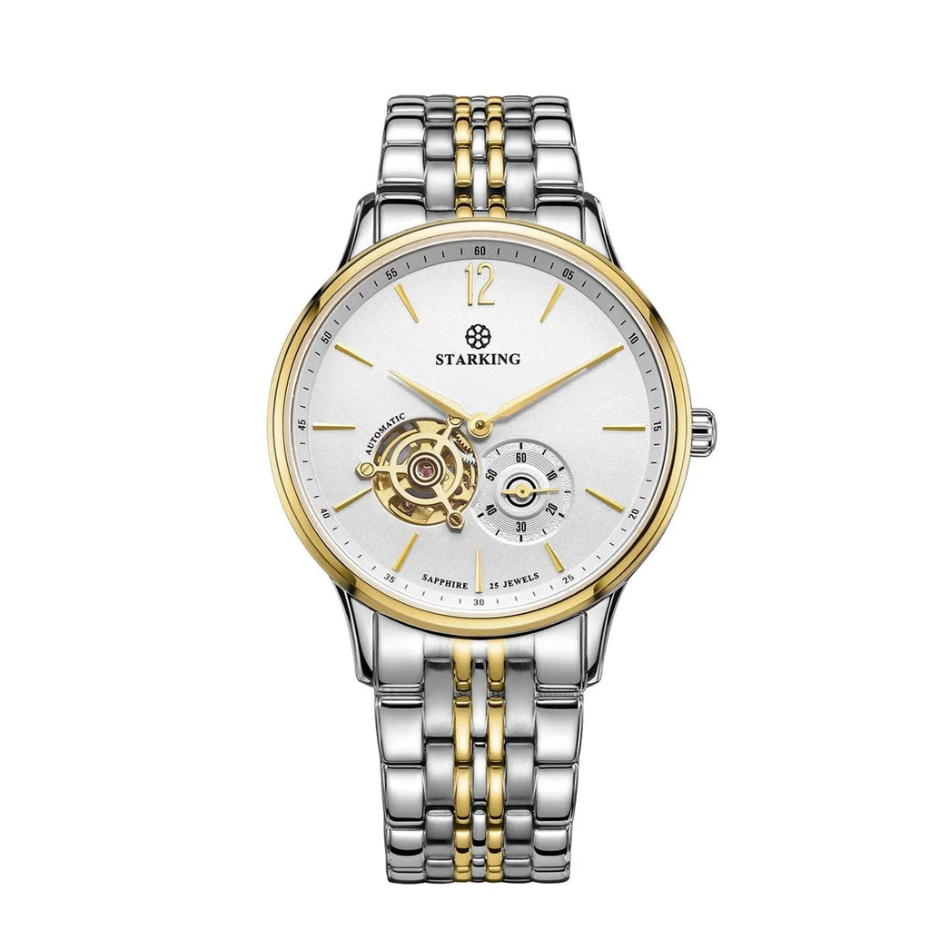 Automatic mechanical men's business watch with white dial, brown leather strap, and stainless steel case.