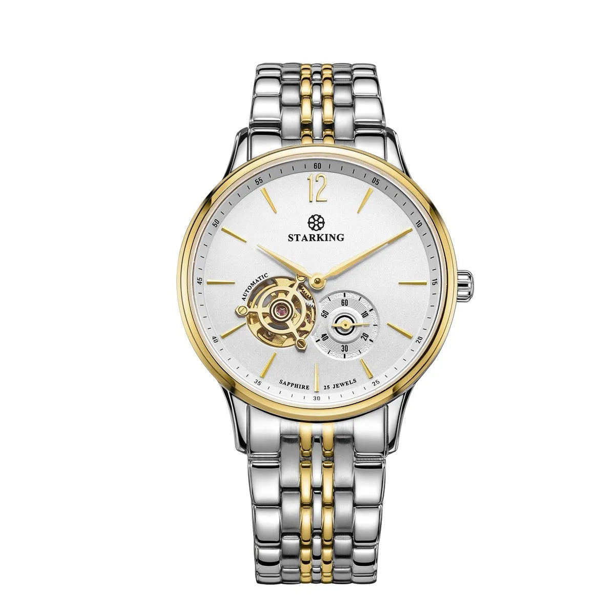 Automatic mechanical men's business watch with white dial, brown leather strap, and stainless steel case.