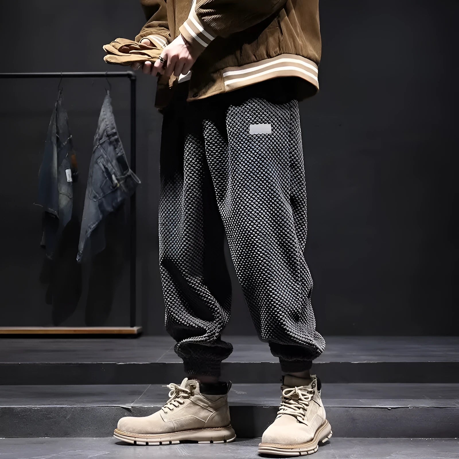 Men's grey ankle-tied straight leg casual sweatpants laid flat