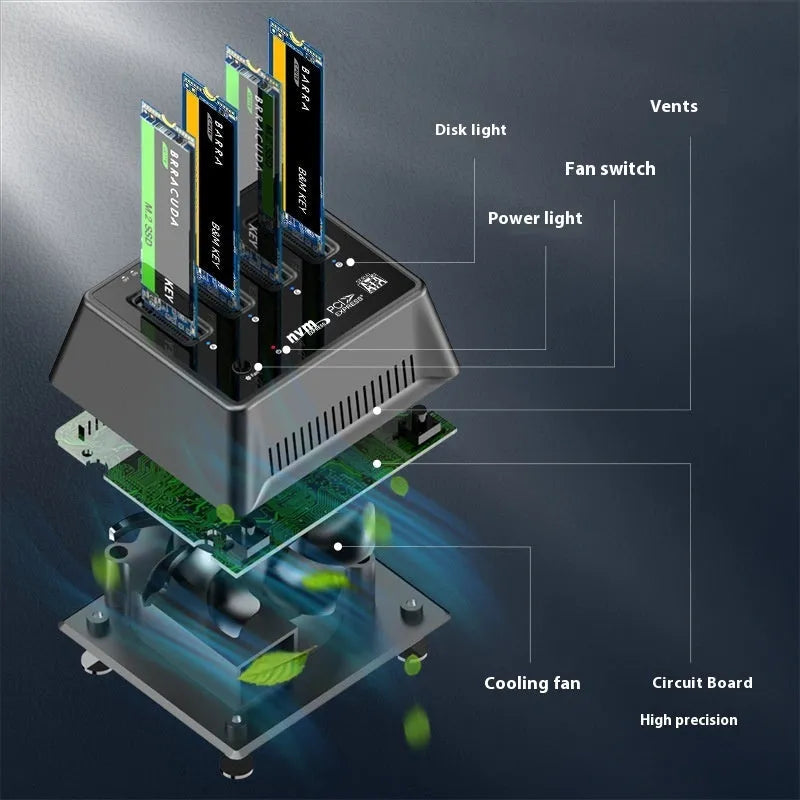 Aluminium M.2 dual protocol SSD enclosure for NVMe and SATA drives, tool-free design.