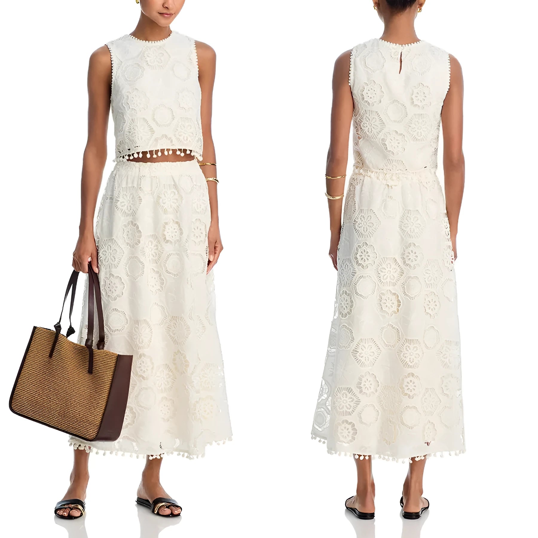 White women's retro style polyester suit with sleeveless top and embroidered long skirt.