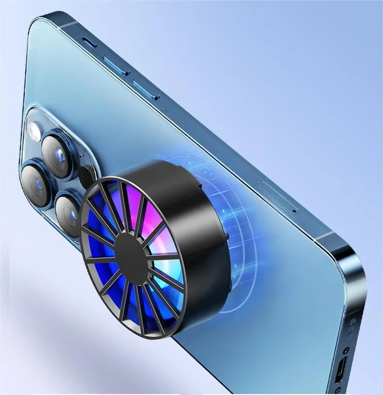 Magnetic suction wind cooling mobile phone radiator with PC aluminium alloy build, black colour, and USB cable