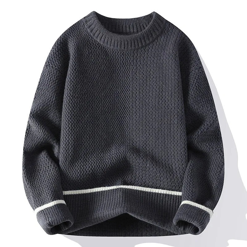 Men's grey round neck loose fitting casual sweater with long sleeves for autumn wear
