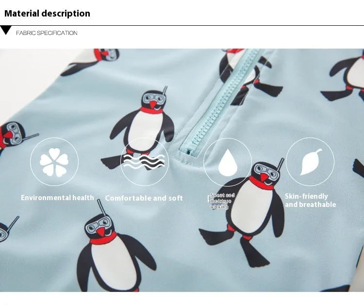 Boys' penguin print polyester swimsuit set with matching swimming cap for sun protection