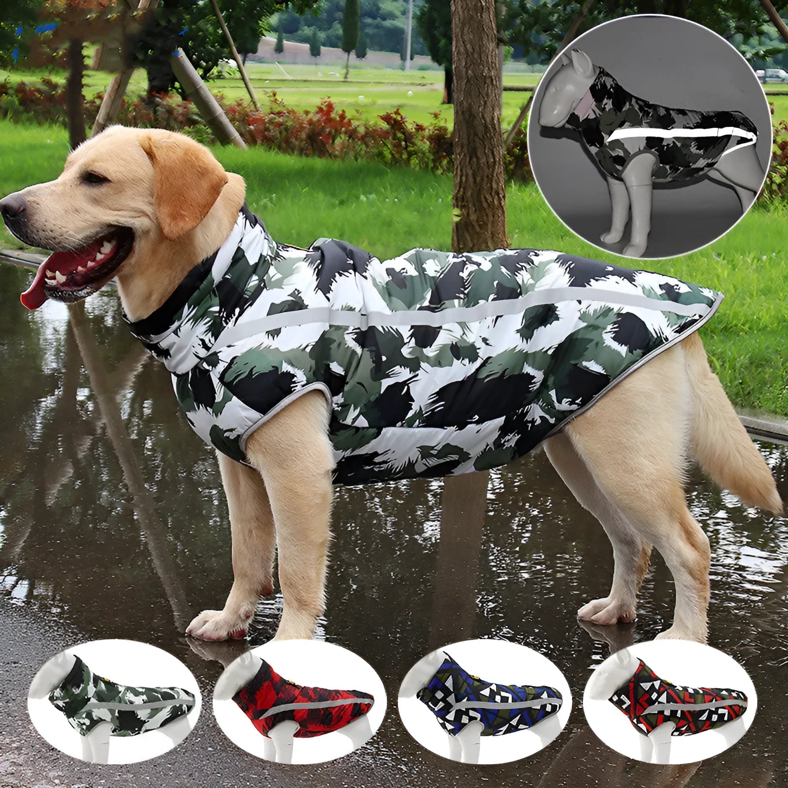 Warm polyester cotton padded dog coat in red check pattern, casual fit for medium size dog