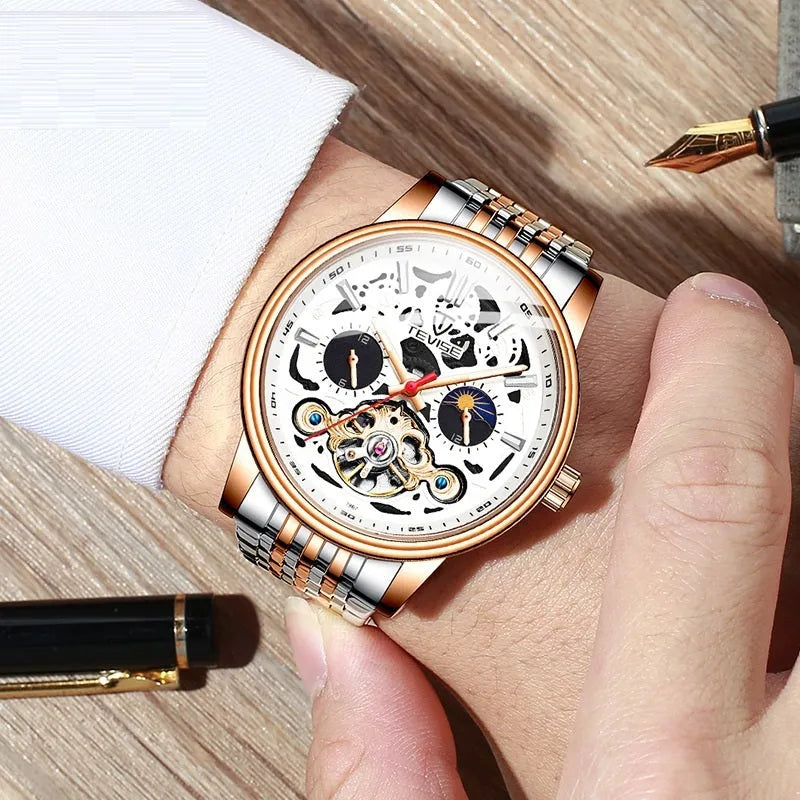 Fashion tourbillon waterproof luminous mechanical watch for men in rose black colour