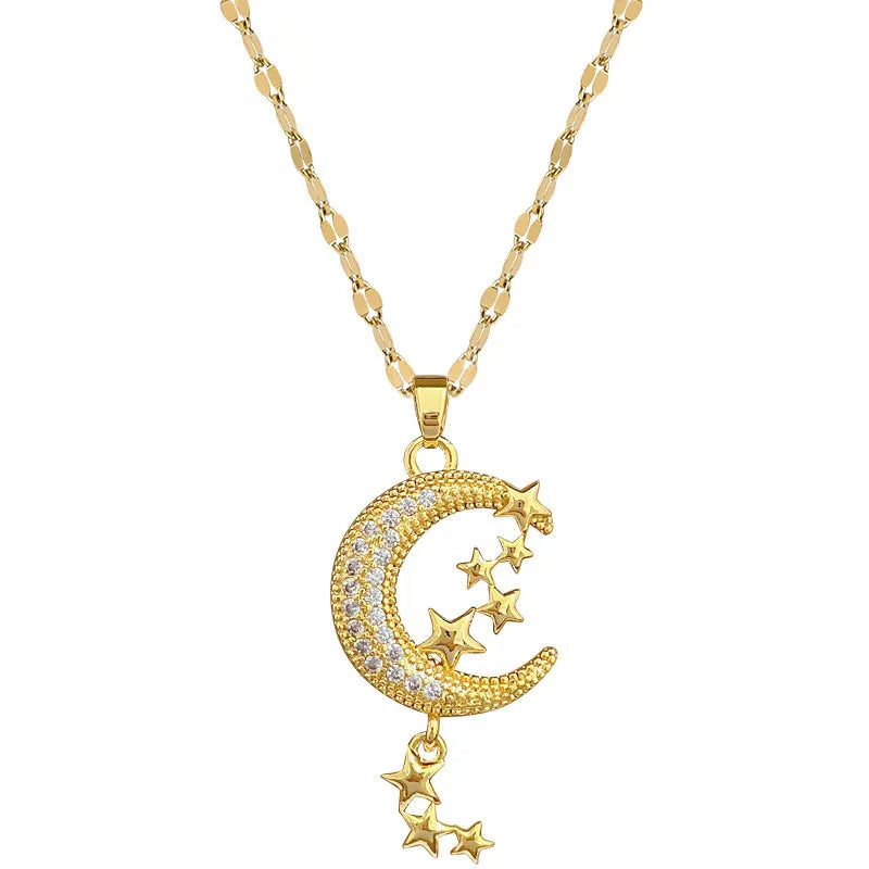 Moon pendant necklace with tassel details on stainless steel chain