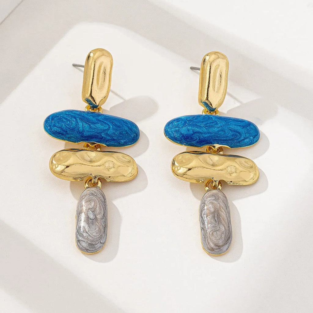 Geometry shaped stud earrings with multicolour electroplated finish on zinc alloy