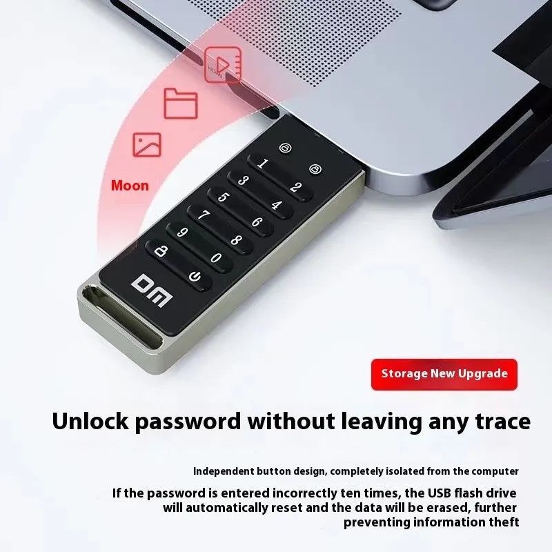 64GB fingerprint encrypted USB flash drive with metal housing showing USB 3.0 connector and digital button