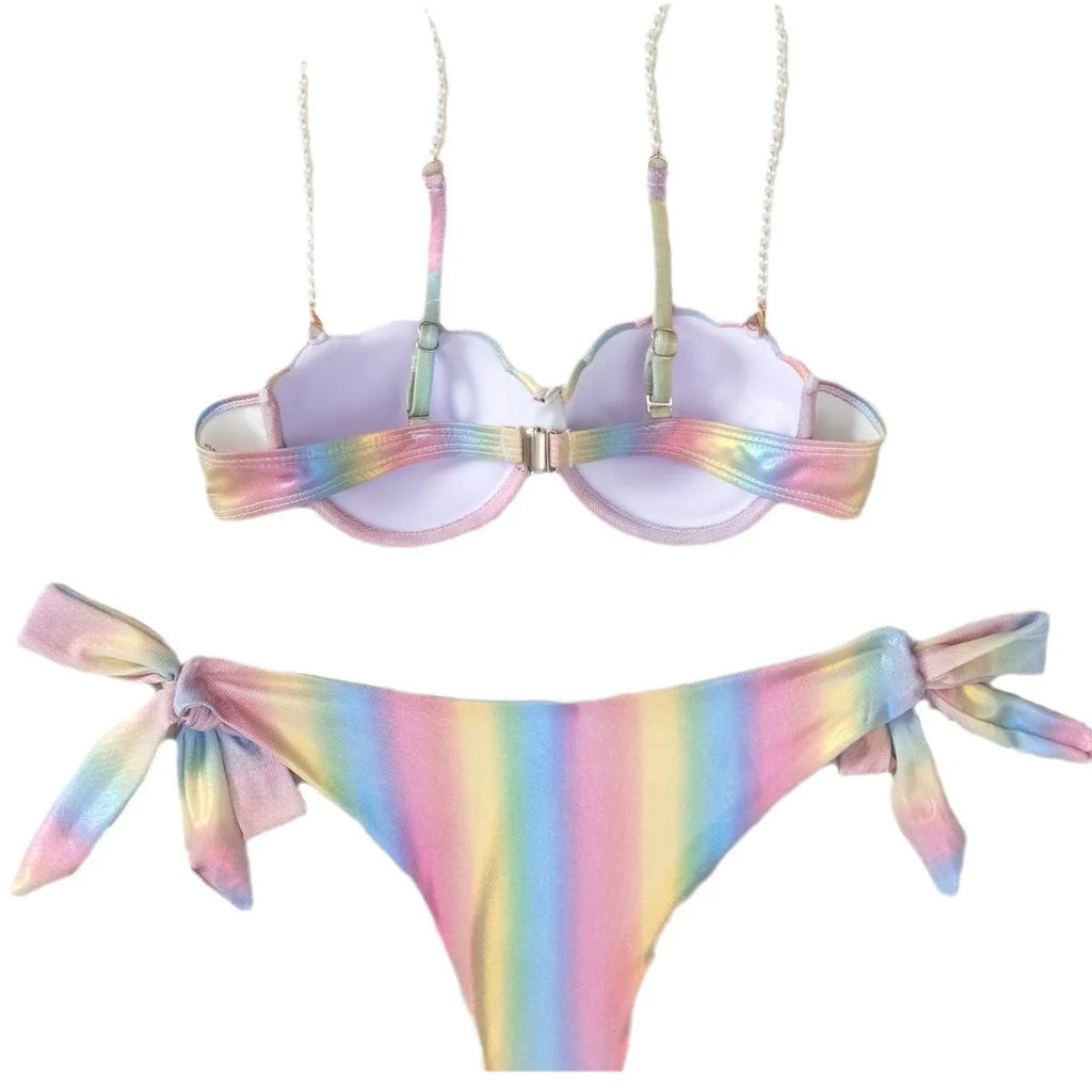 Women's shell rainbow bikini split swimsuit with adjustable side ties in polyester fabric