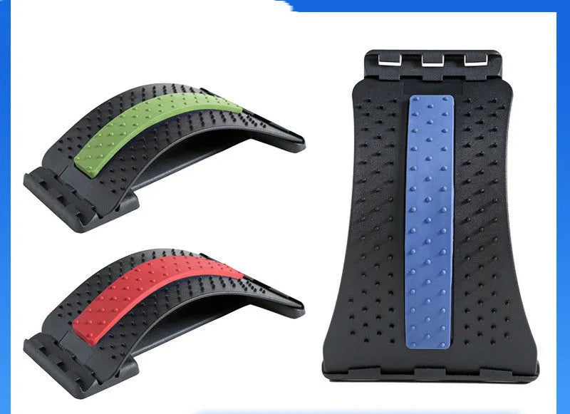 Waist stretcher strain massage cushion in blue and black with eight massage heads and mechanical control panel