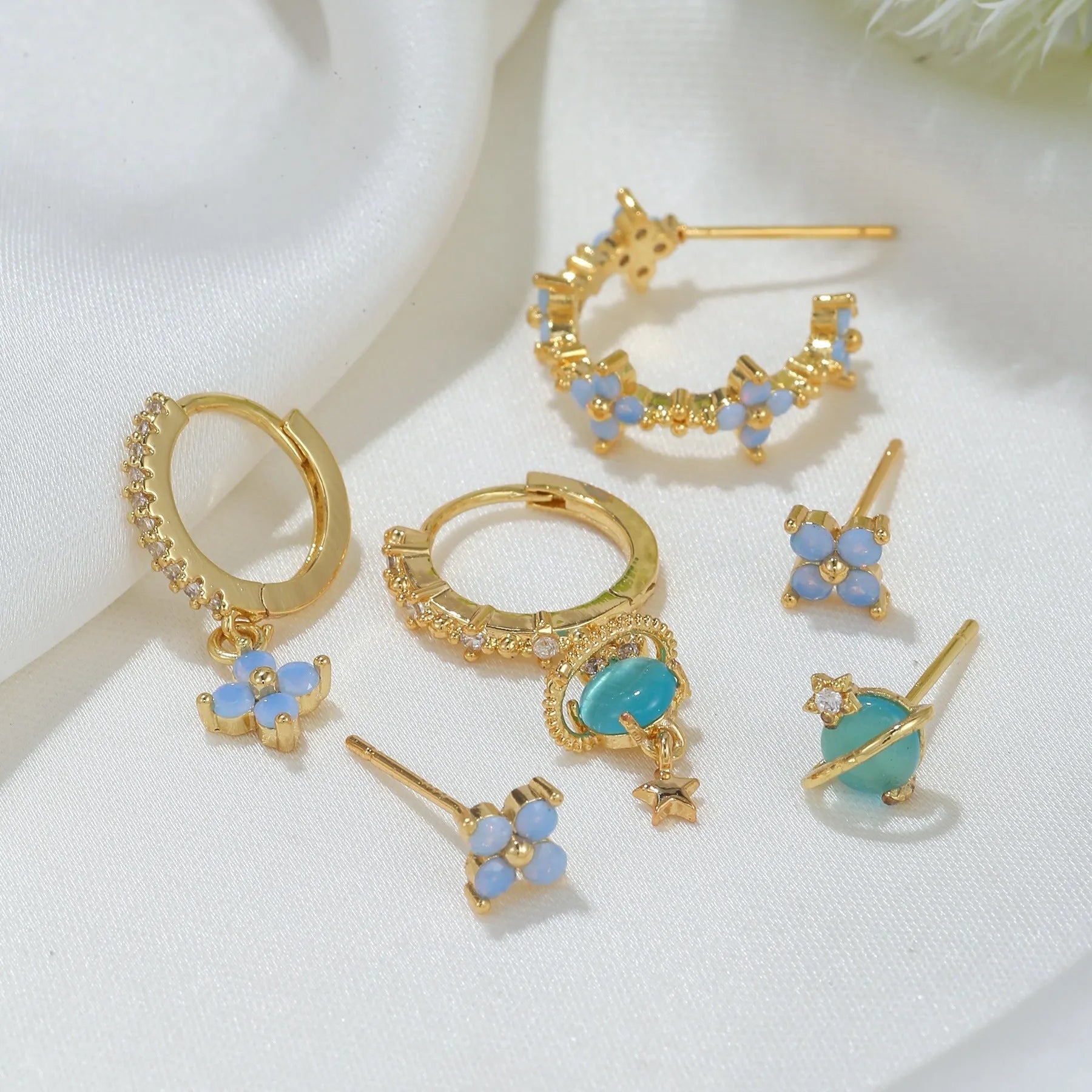 Japanese Korean style floral ear studs with zircon mosaic design in gold and silver colour options