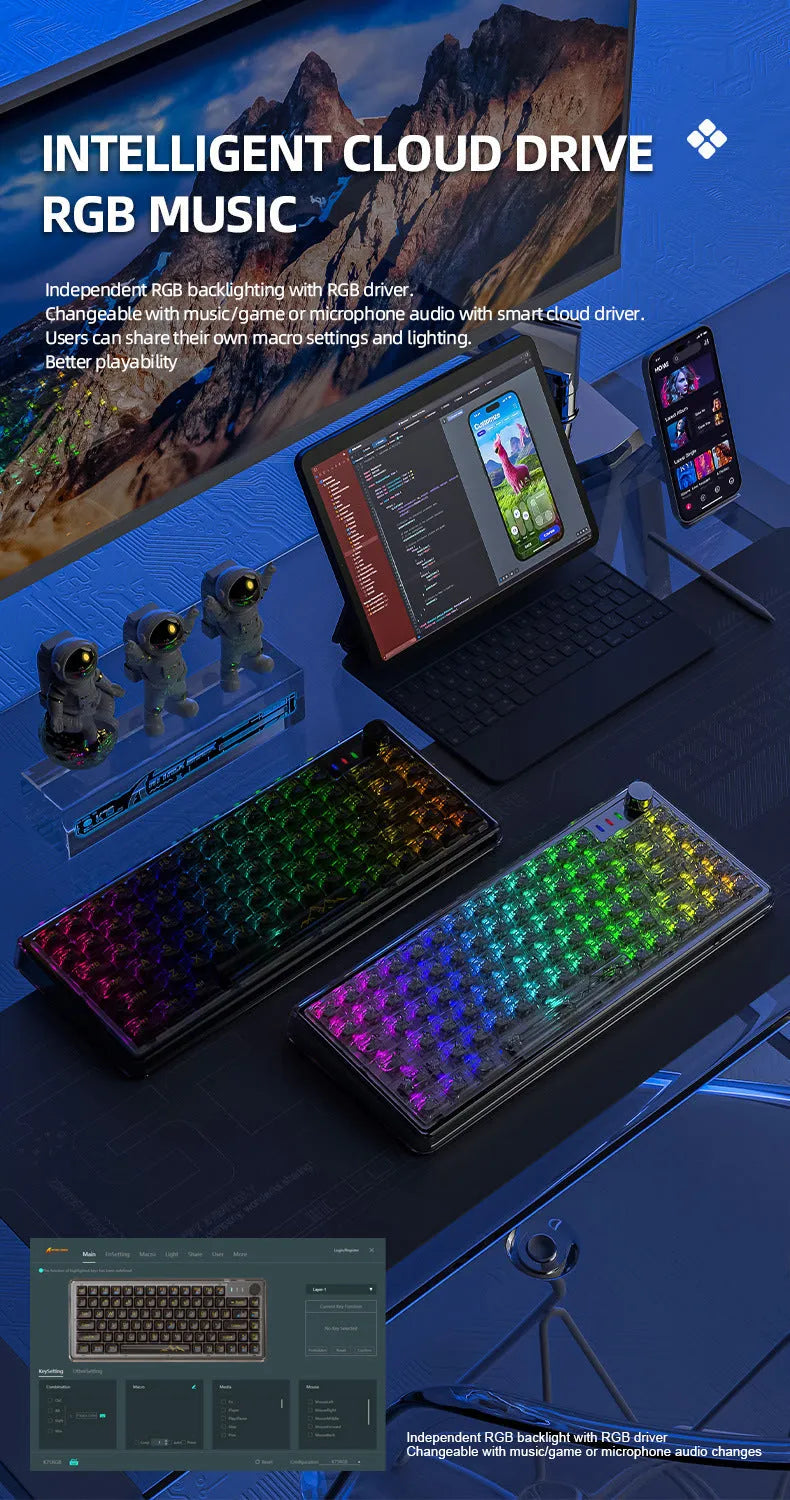 Attack Shark K75 white transparent wireless mechanical keyboard with RGB backlight on a desk.