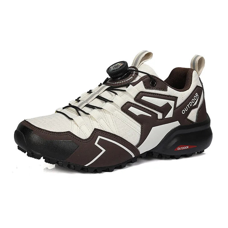 Men's beige outdoor hiking shoes with elastic band and rubber sole for off-road sports.