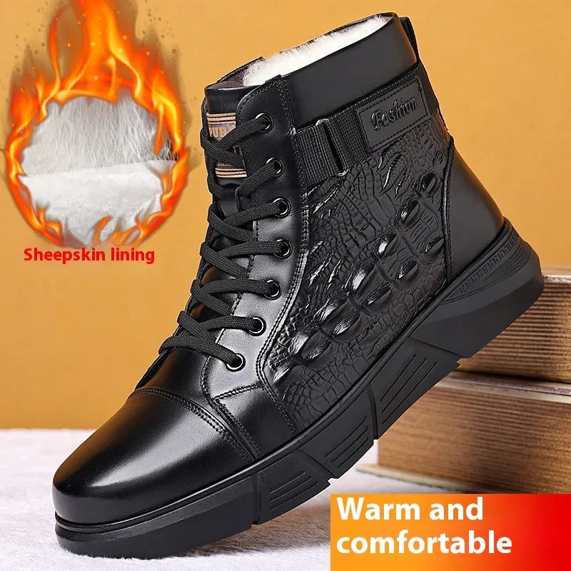 Fur-trimmed leather winter boots with rubber soles and front lace-up closure in black or brown velvet colours