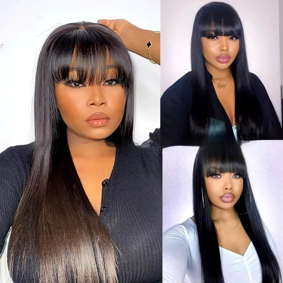 Women's natural colour human hair full-mechanism wig on a model, showing long length and full volume.