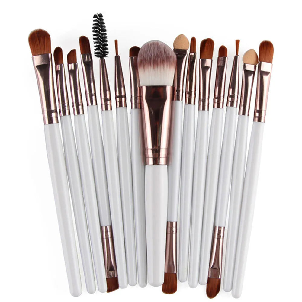 18-piece makeup brush set showing various brush shapes including fan tools for powder and contouring