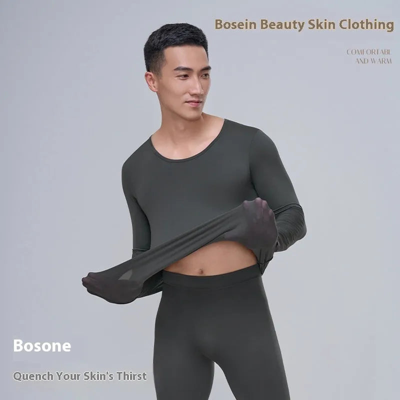 Men's constant temperature heating nylon thermal base layer suit in black, camel, and gray colour options