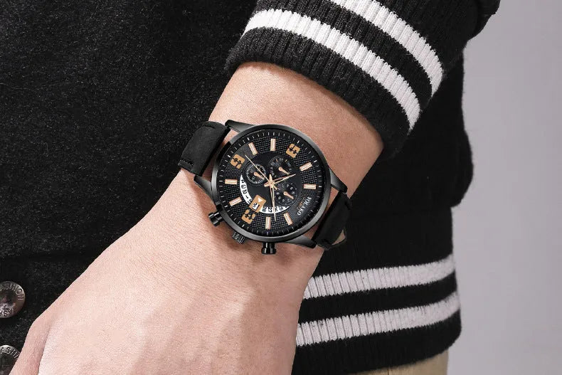 Fashion big digital calendar men's watch with leather strap and round alloy case