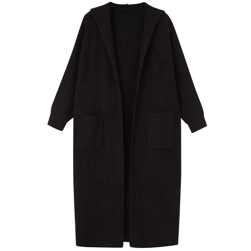 Long grey hooded knitted cardigan coat with trench coat style and loose fit.