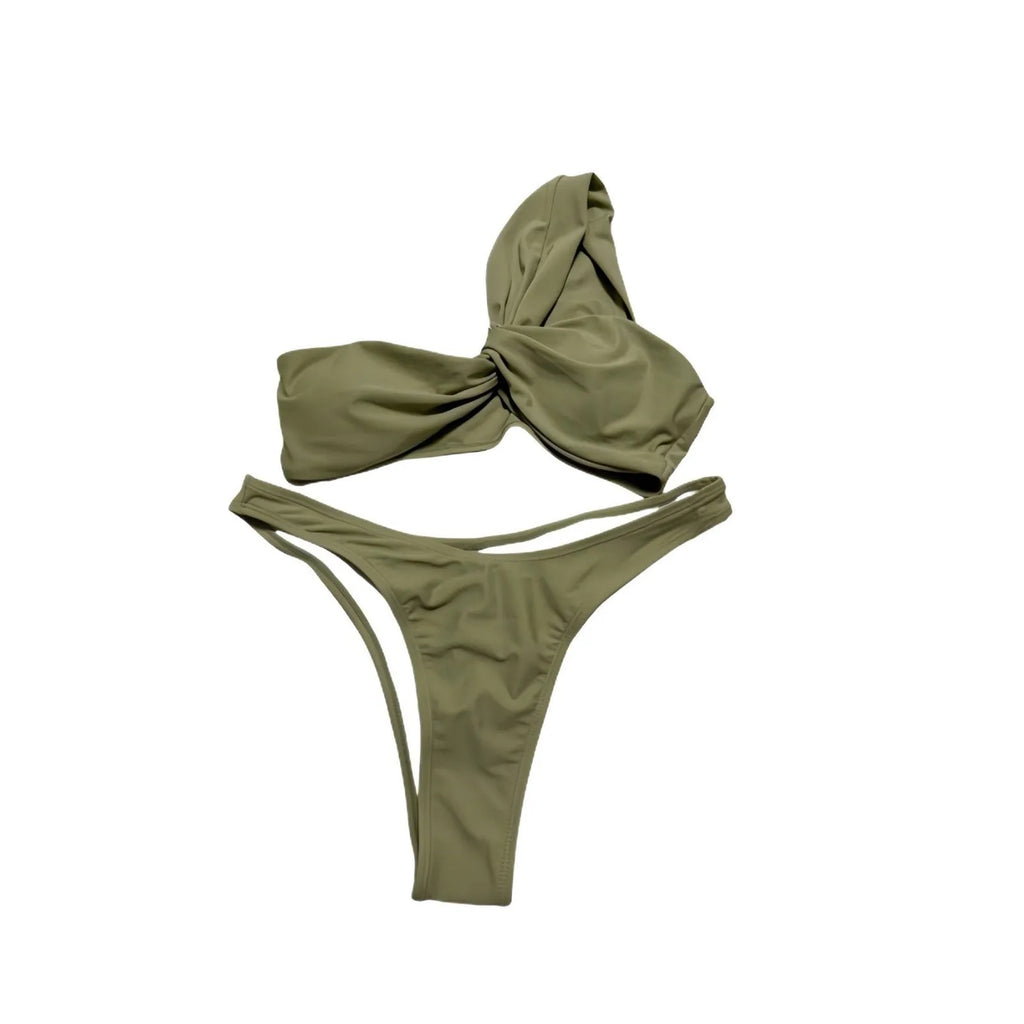 Women's nylon solid colour bikini set with sleeveless top and matching briefs, available in ten colours including black, white, blue, pink, brown, yellow, grass green, apricot, orange, and red, sizes S to XL