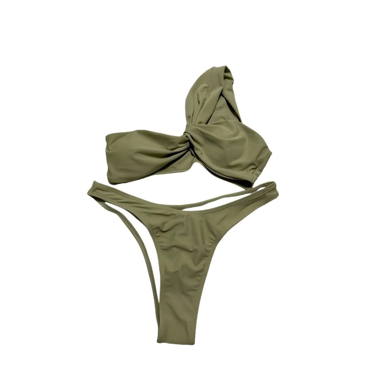 Women's nylon solid colour bikini set with sleeveless top and matching briefs, available in ten colours including black, white, blue, pink, brown, yellow, grass green, apricot, orange, and red, sizes S to XL
