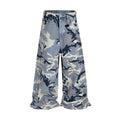 Snow camouflage blue loose fit jeans showing front and back views with mid waist design