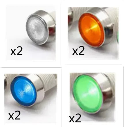 10mm stainless steel edge panel mount indicator light with wire, shown in multiple colour options.