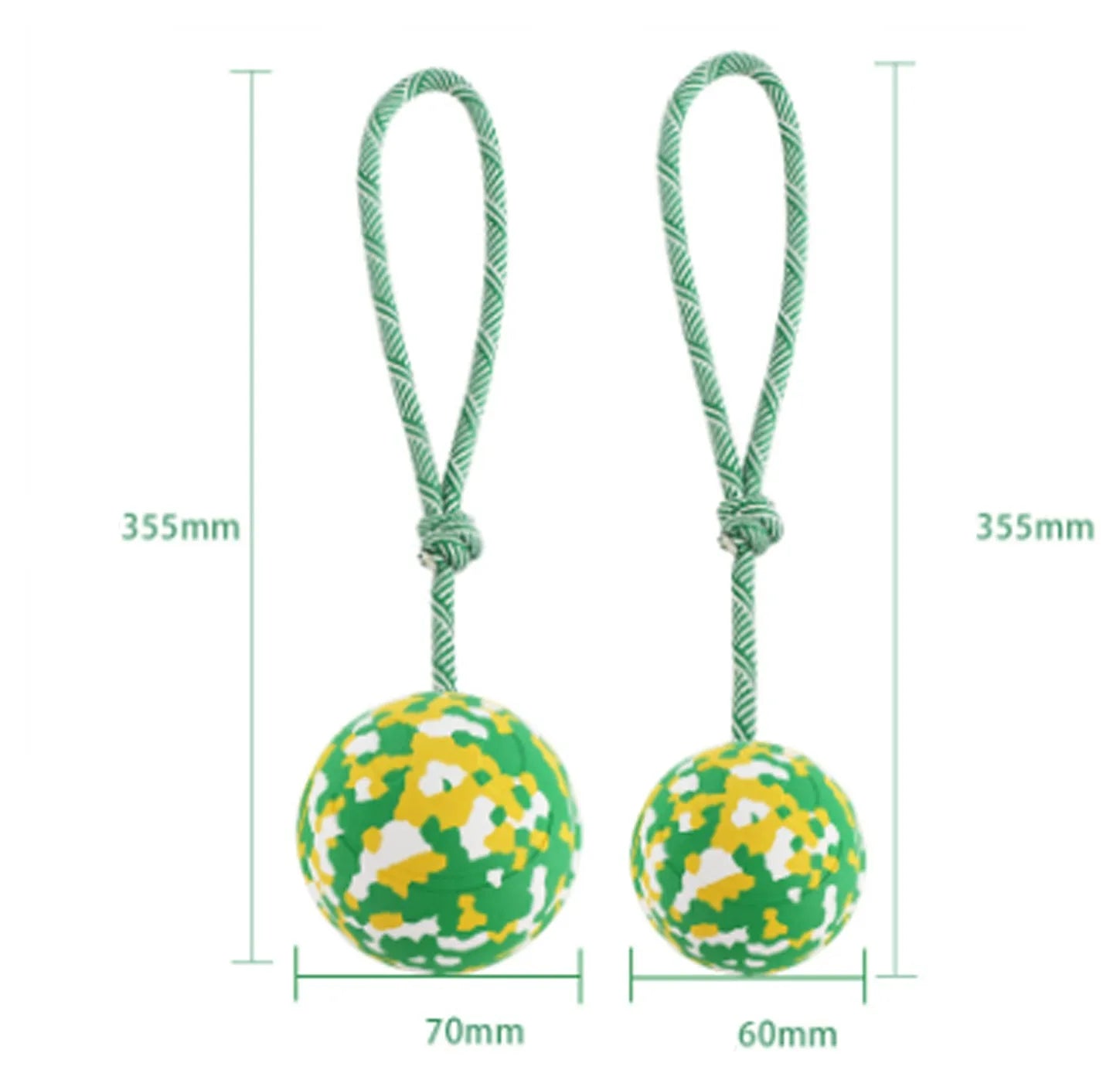 Natural rubber dog ball attached to a blue nylon rope for interactive fetch and tug toy