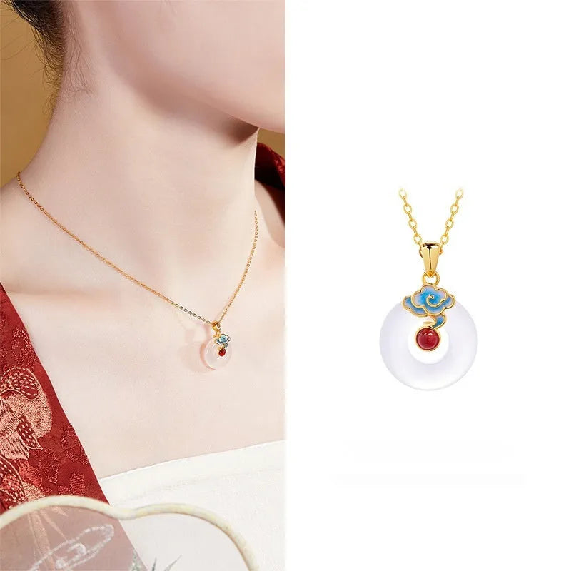 925 silver pendant necklace with cold enamel red agate and white chalcedony on adjustable chain