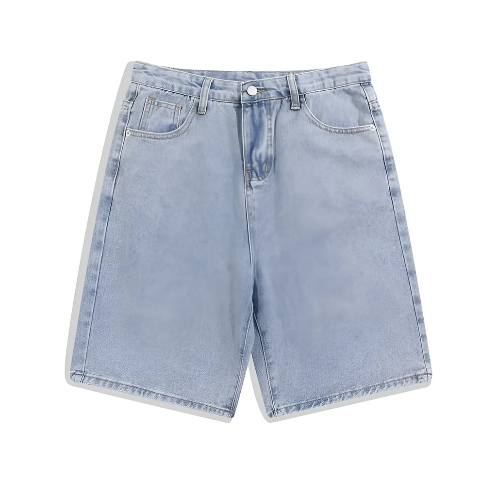 Men's solid colour denim shorts with straight leg design and front zipper fly in four colour options