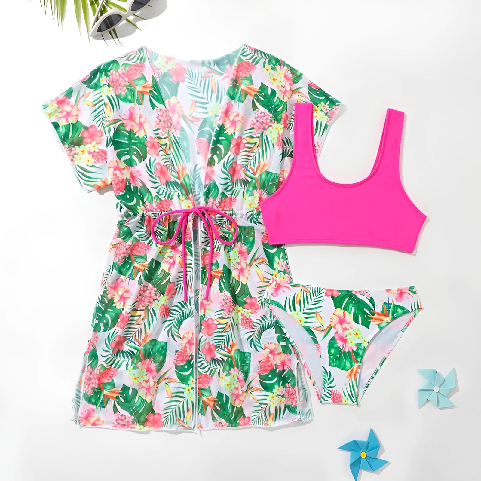 Girls' floral pattern two-piece swimsuit with high elasticity polyester fabric for swimming