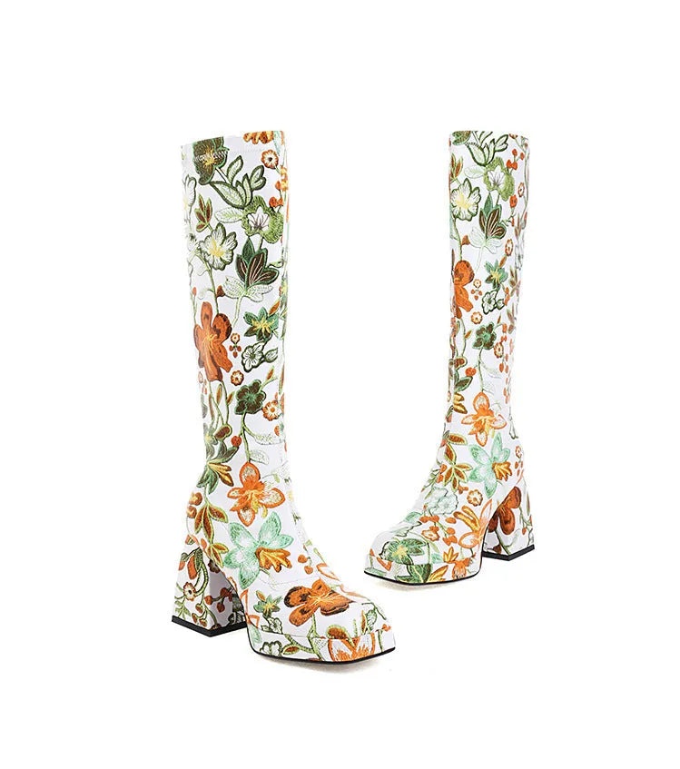 Fashion ladies square toe ankle boots with floral pattern and thick heel, available in multiple colours including sheep pattern black, patent leather black, white, and green