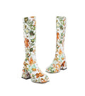 Fashion ladies square toe ankle boots with floral pattern and thick heel, available in multiple colours including sheep pattern black, patent leather black, white, and green