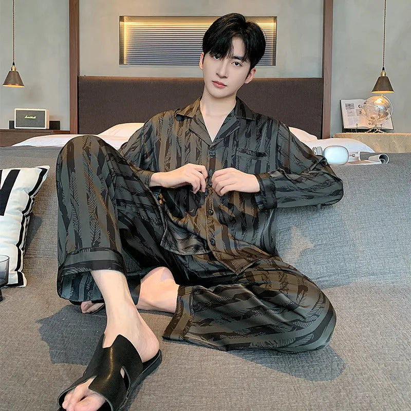 Men's black stripes ice silk V-neck pajama set with long sleeves and trousers