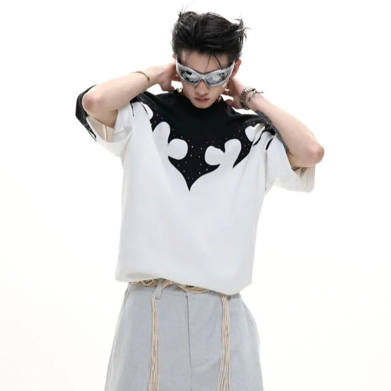 Men's grey cotton shirt with burnt flower embroidery and rhinestone details on the front.