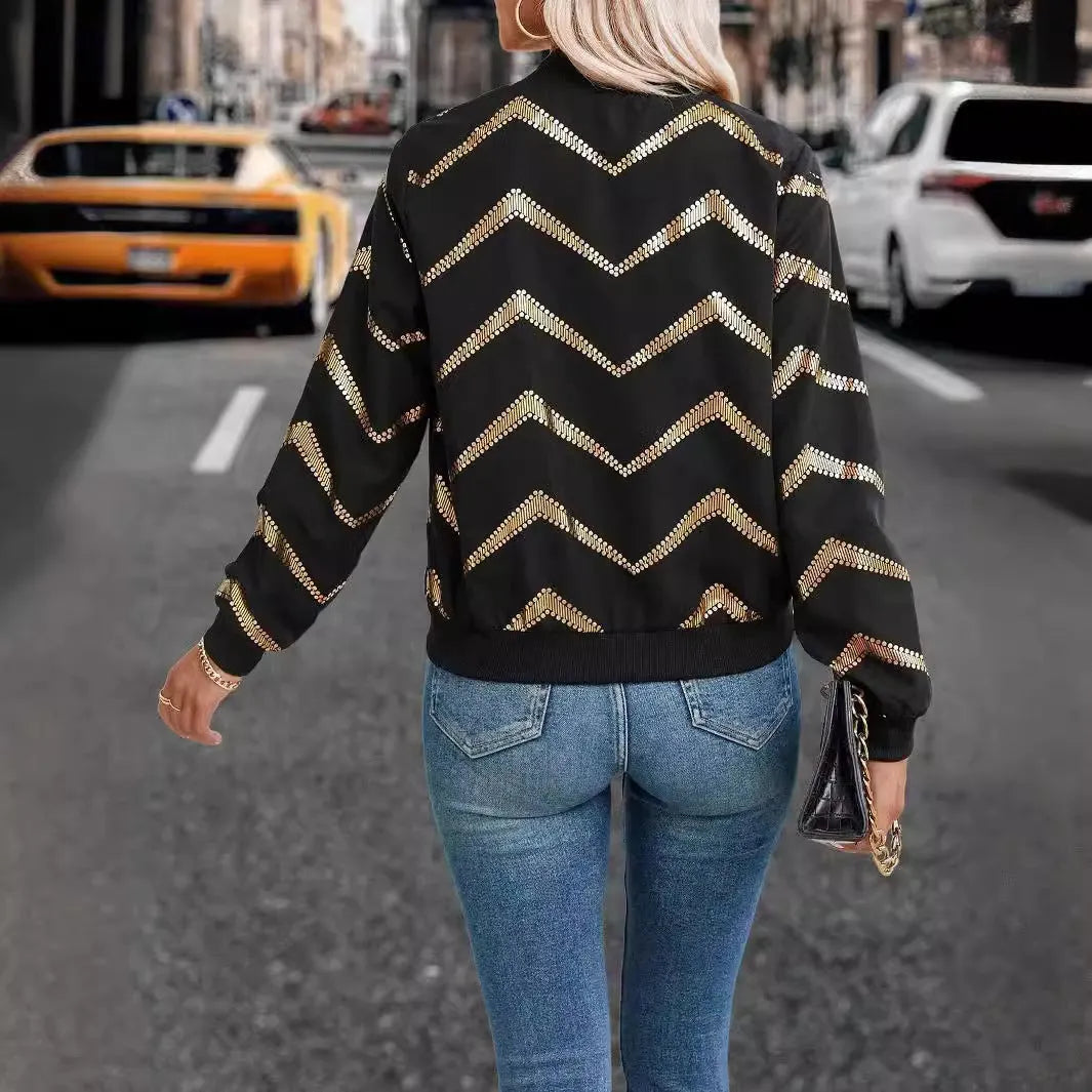 Women's black polyester spring jacket with zigzag gold print, conventional long sleeves, front view