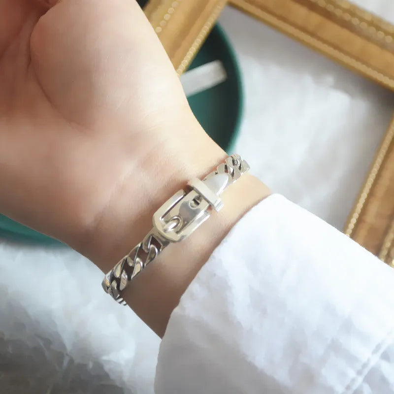 Women's 925 sterling silver geometric chain belt bracelet platinum plated 21cm length 6mm width SL0560