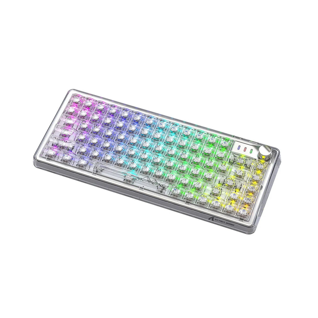 Attack Shark K75 white transparent wireless mechanical keyboard with RGB backlight on a desk.