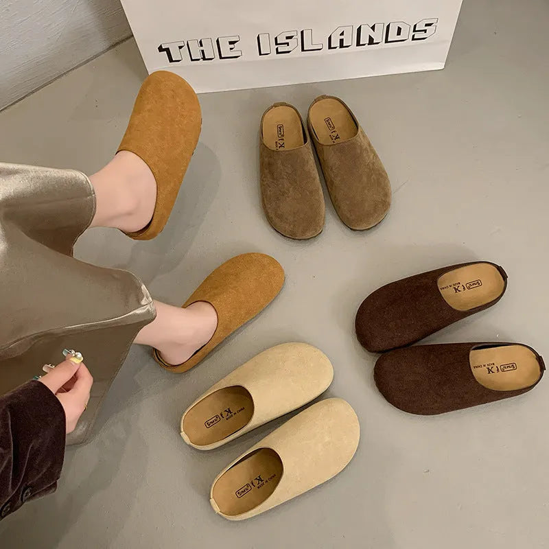 Korean style square toe slip-on slippers in apricot microfibre with a flat PU sole