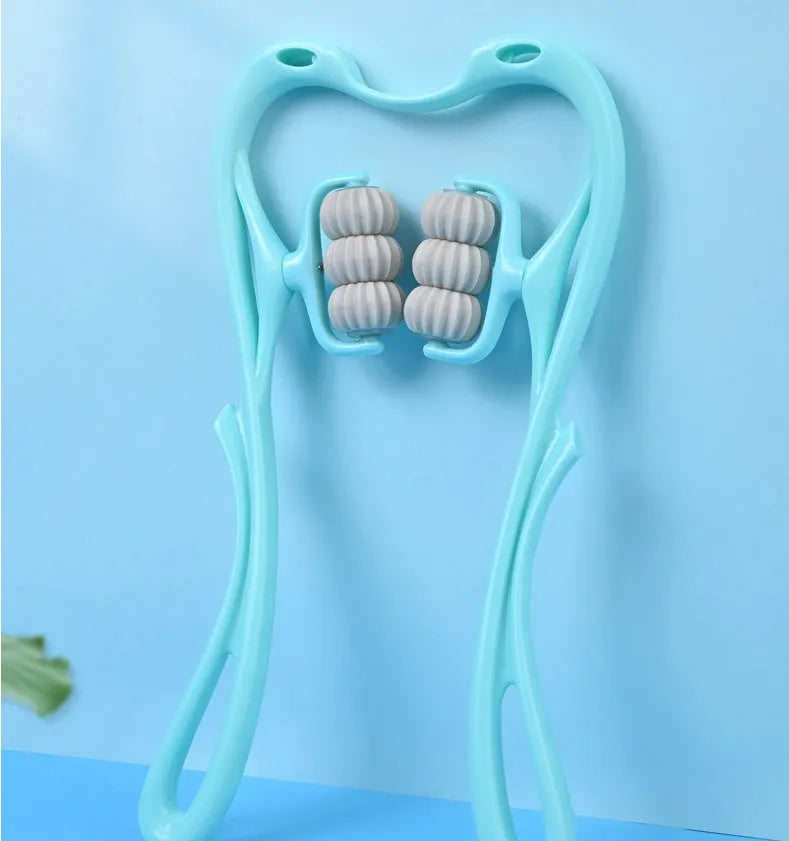 6-roller cervical neck massager in blue, ergonomic swan design, with 360° rotating massage balls and jade scraping board