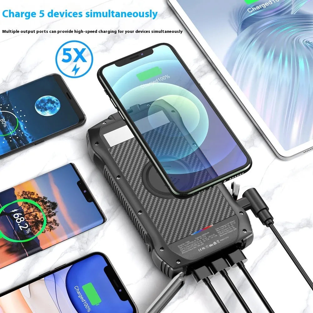 Portable solar power bank 33500mAh waterproof outdoor emergency LED plastic shell 178x90x30mm black blue orange