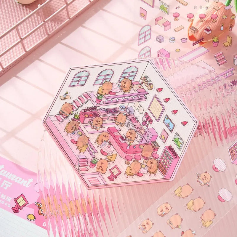 Capabala cut-free cartoon PET decorative sticker sheet in eight colour themes on a 190x125mm sheet.
