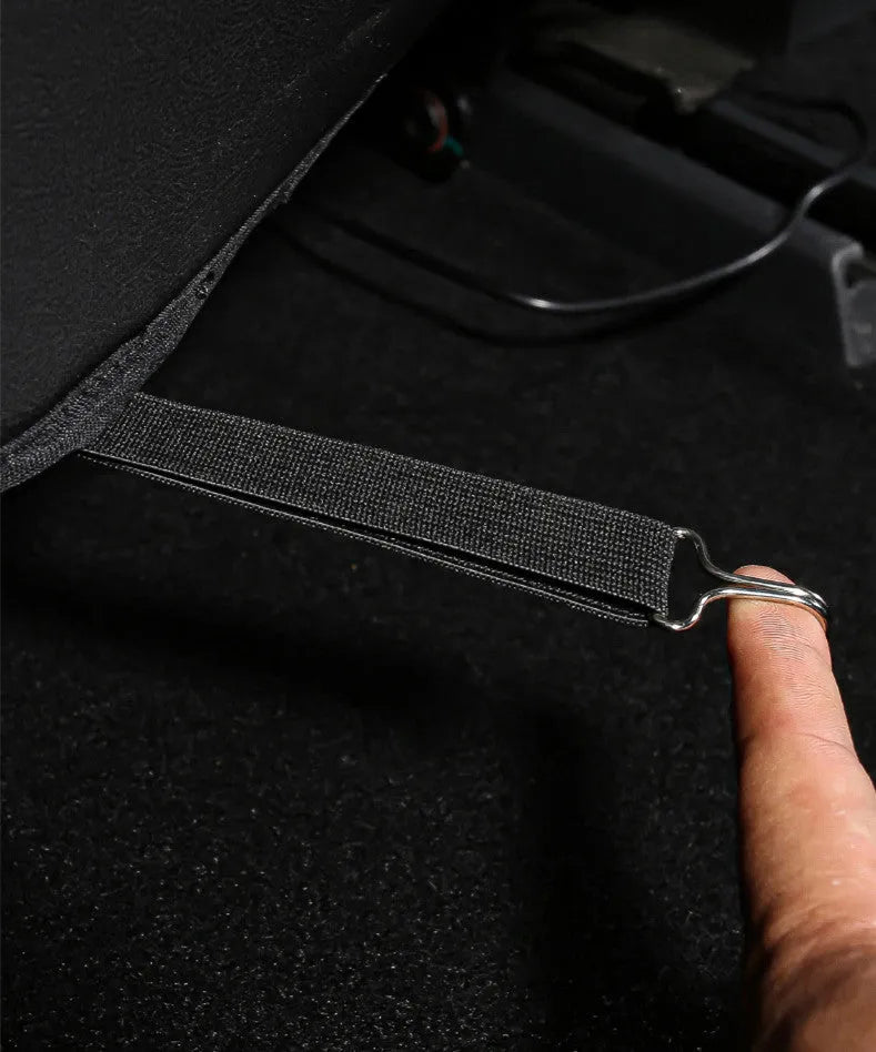 Black leather motorcycle rear seat anti kick pad protector showing full coverage design.