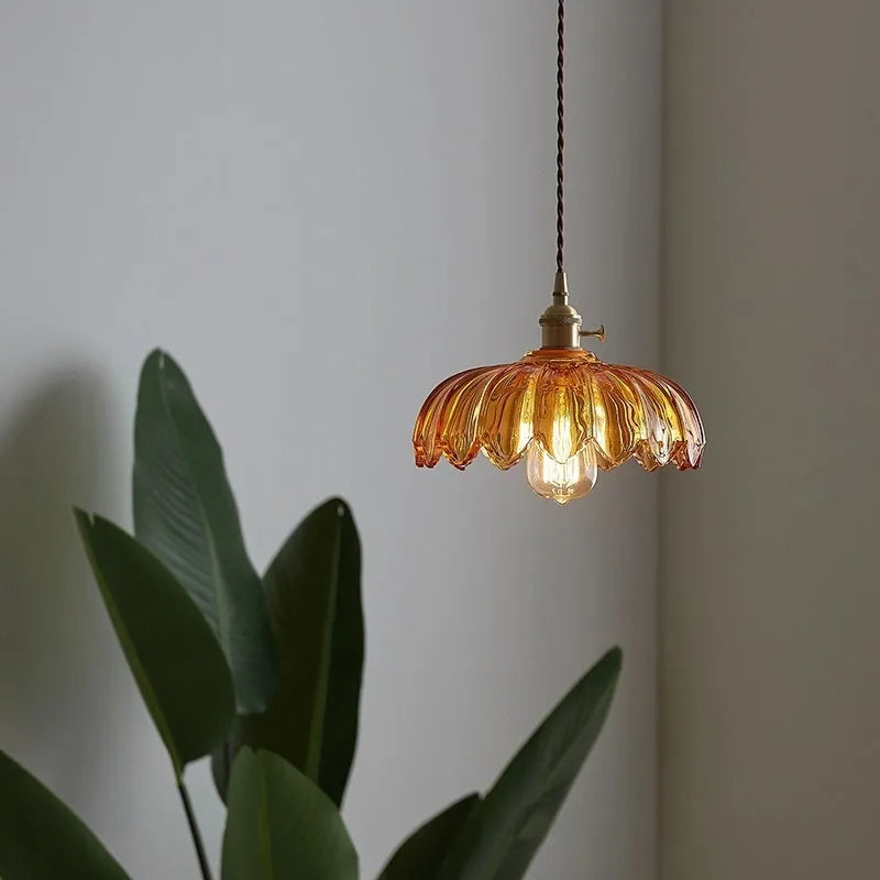 Brass ceiling chandelier with amber glass shade 26cm diameter, suitable for dining room or cafe