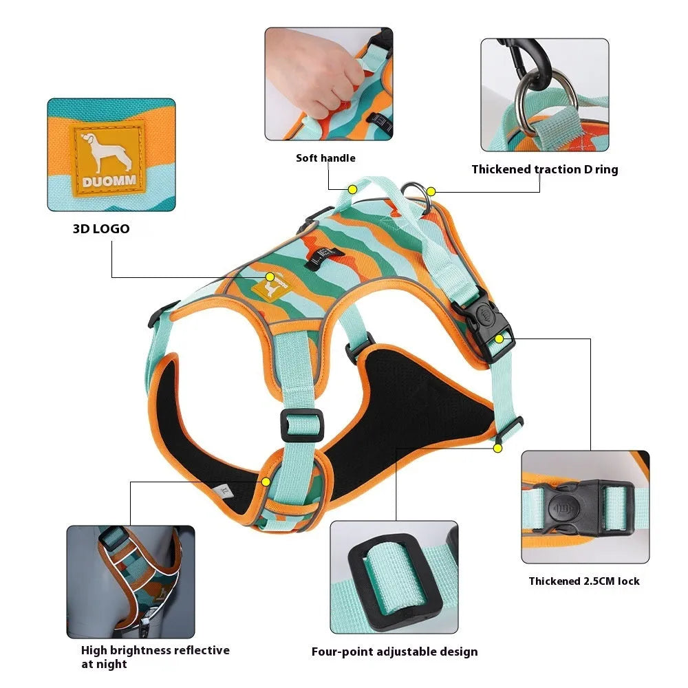 Reflective dog harness with dual attachment points in oxford cloth fabric
