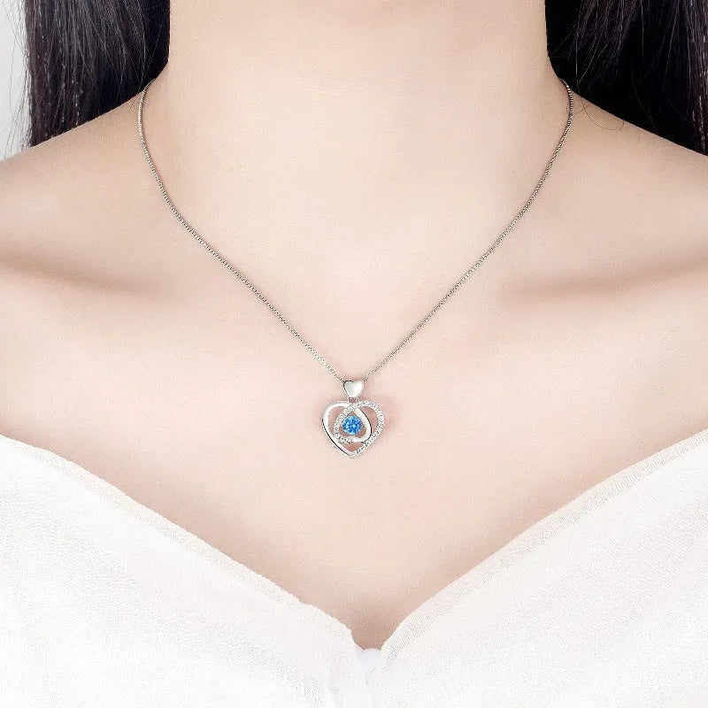 Blue diamond necklace and bracelet set with geometric love heart pendant on adjustable chain