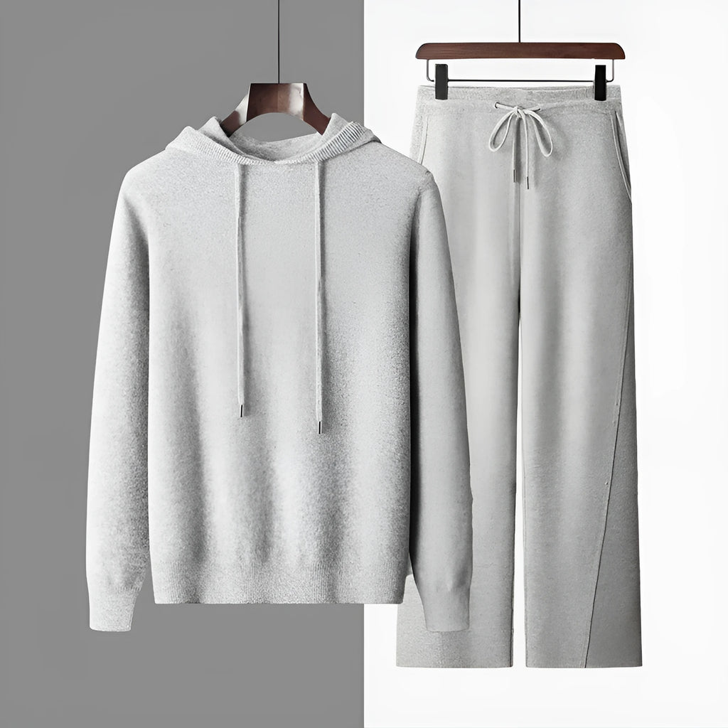 Men's seamless wool hoodie and jogger pants casual two-piece set in Dark Gray with drawstring hood and zip front