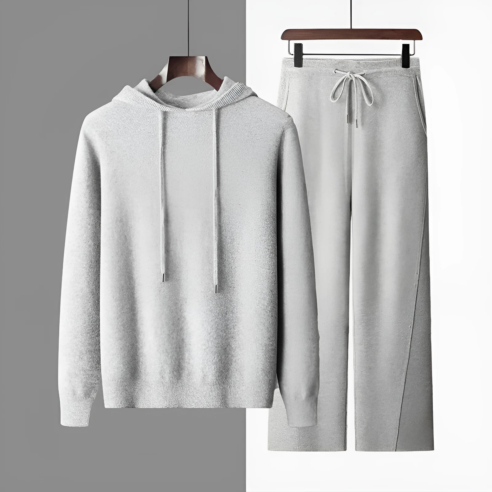 Men's seamless wool hoodie and jogger pants casual two-piece set in Dark Gray with drawstring hood and zip front